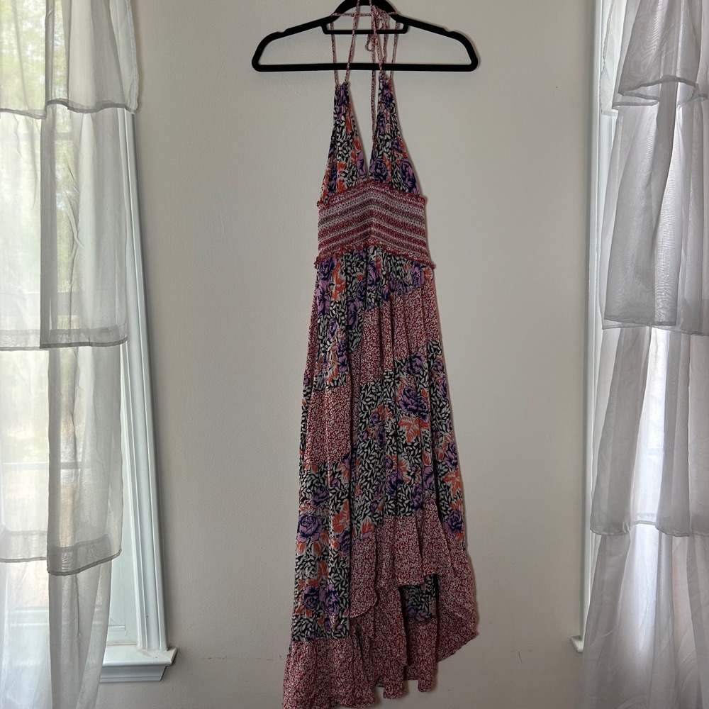 Free People Gabriela Floral Patchwork Halter Maxi Dress Smocked Waist XS - Picture 2 of 8
